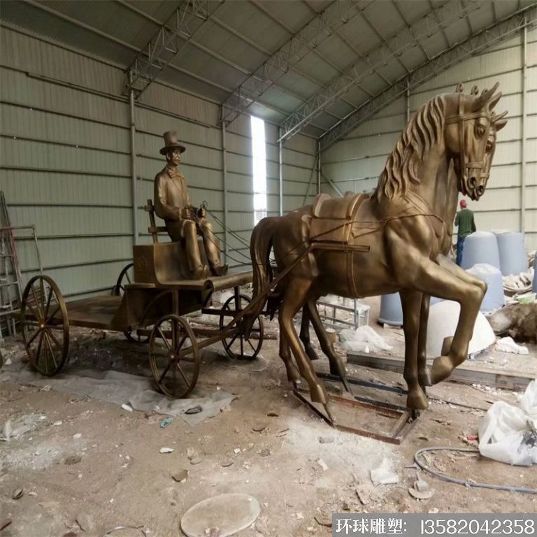 銅雕馬拉車雕塑景觀 鑄銅馬車雕塑加工廠家